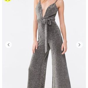 Plunging Belted Metallic Jumpsuit